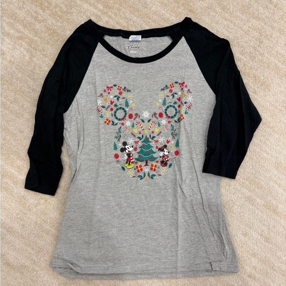 Disney Gray & Black Raglan Tee with Festive Mickey Holiday Graphic